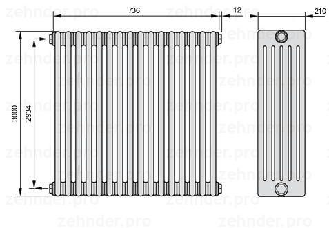 Схема (чертеж) Радиатор Zehnder Charleston 6300/16 №1270 Белый глянцевый RAL 9016